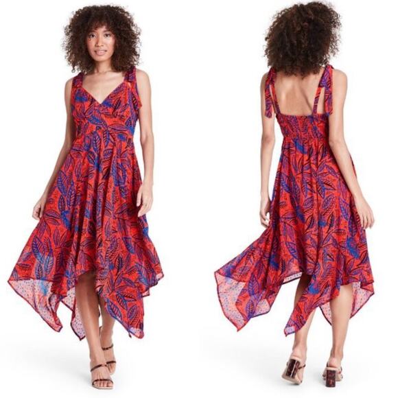 Alexis x Target Tropical Leaf Tie Shoulder Red Blue Handkerchief Midi Dress XS - Picture 2 of 16